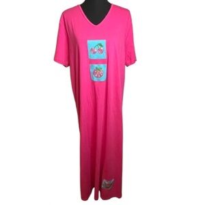 Quacker Factory Pink Fruit Beaded Cotton Dress Womens L Cottagecore Teacher